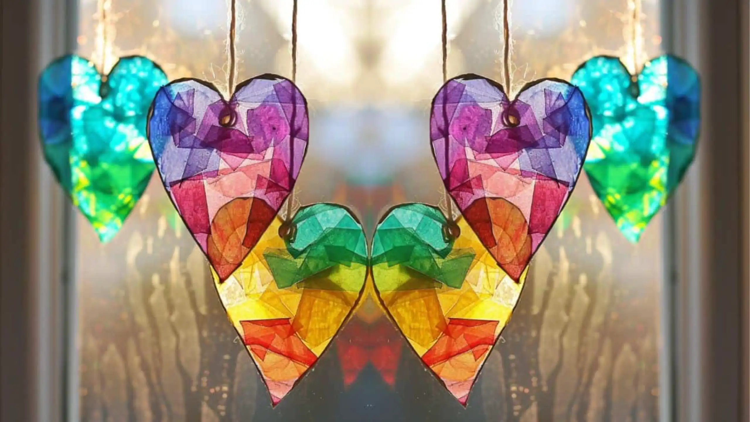 Colourful heart-shaped sun catchers hang in a window, glowing with rainbow stained-glass effects.